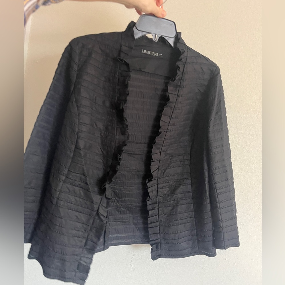 Lafayette 148 NY Black Textured Open Front Cotton-Linen Jacket, Approx Small